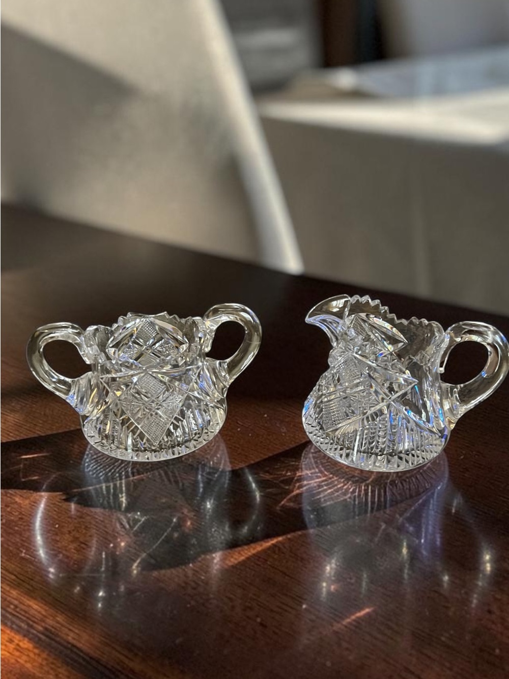 Vintage Clear Cut Glass Creamer Sugar Set Clear Crystal-Style with saw tooth rim